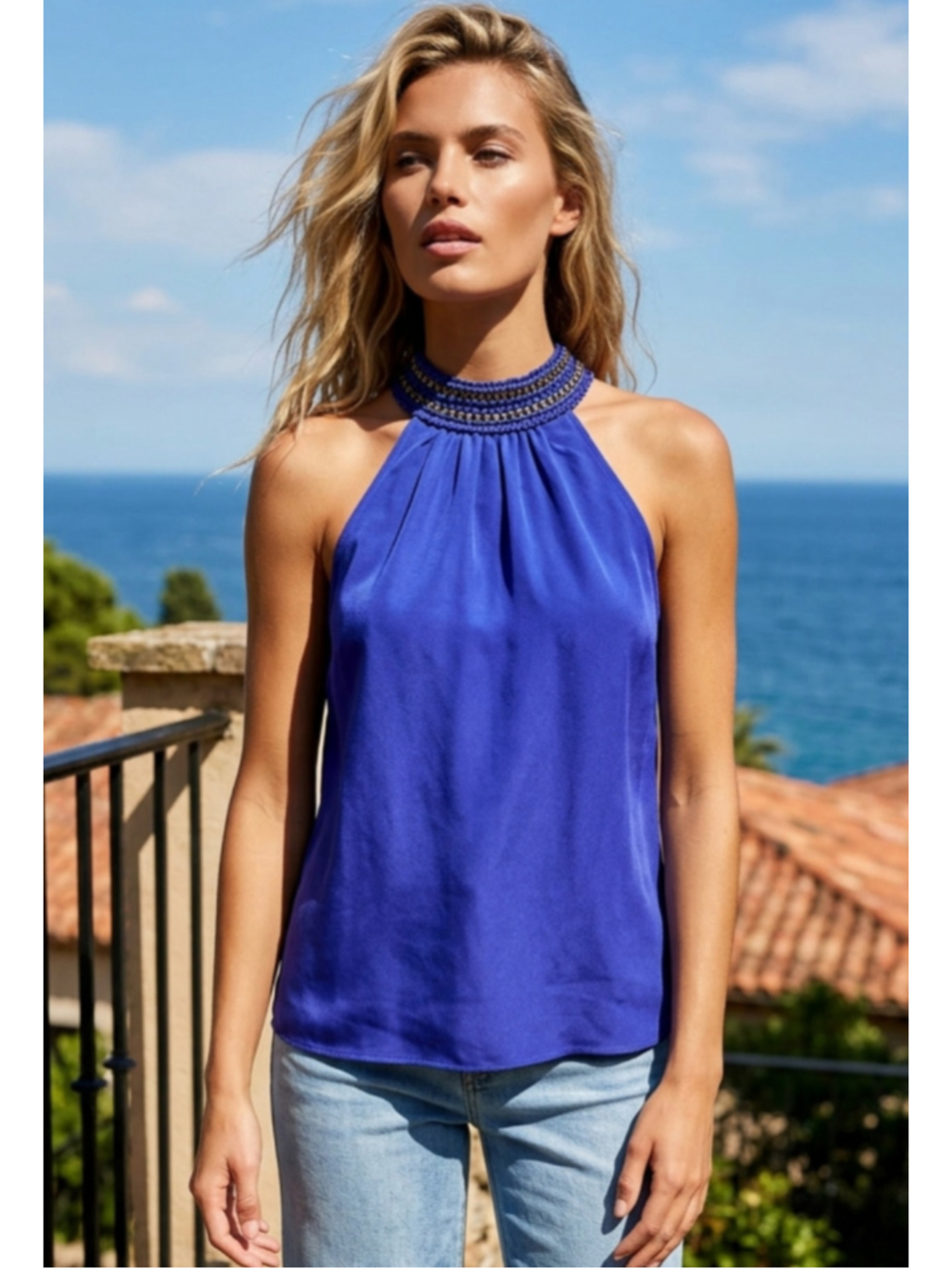 ZARA Indigo Blue Halter Tank Top Gold Bead Crochet Embellishments Sz M EUC Mock